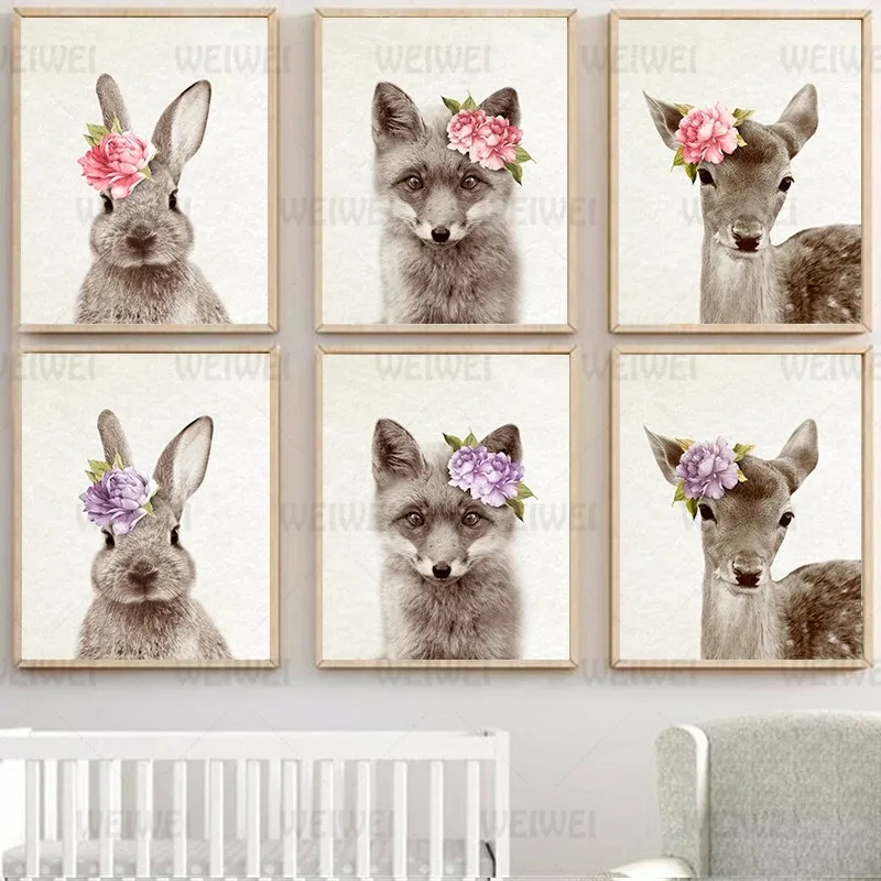 

Flowers Fox Elk Rabbit Wall Picture Woodland Animal Canvas Poster Nursery Print Minimalist Painting Nordic Kids Baby Room Decor
