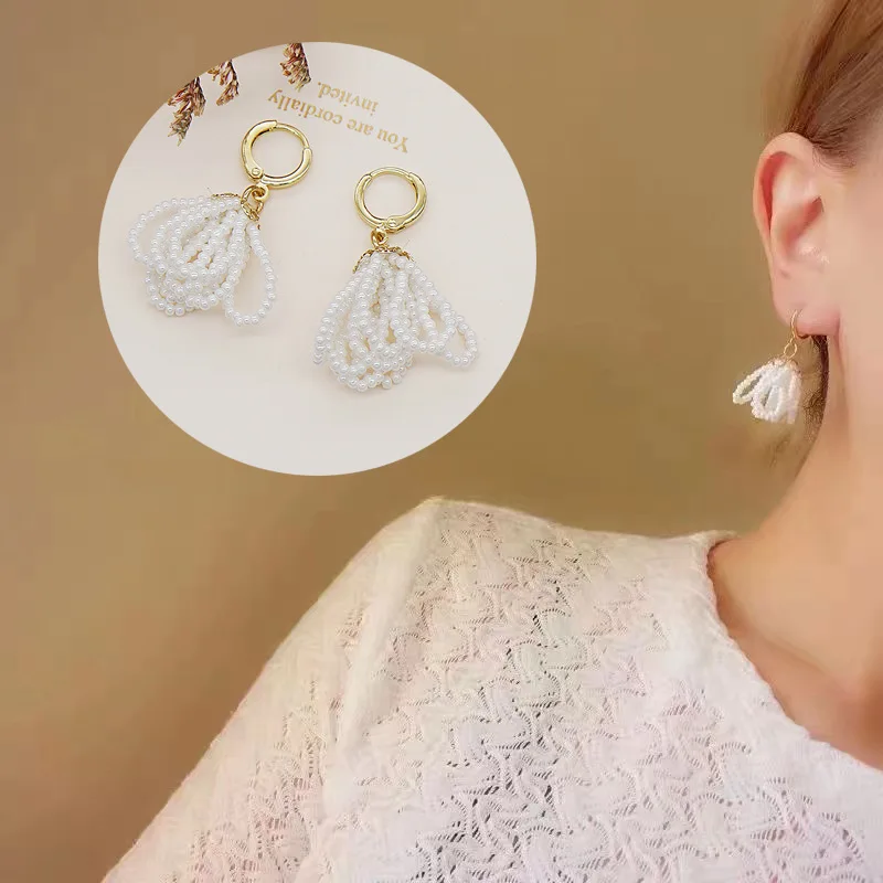 

Korean Edition DIY Pure Handmade Pearl Knit Tassel Pendant Earrings Women's Jewelry Gold Vintage Ear Buckle Fashion Earring Girl