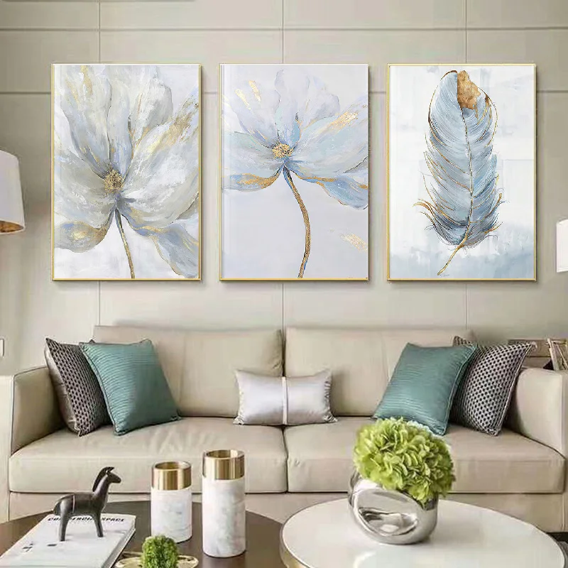 

Абстрактный акварельный синий цветок с перьями, современный настенный плакат, печатная картина, холст, картина маслом для гостиной, украшен...
