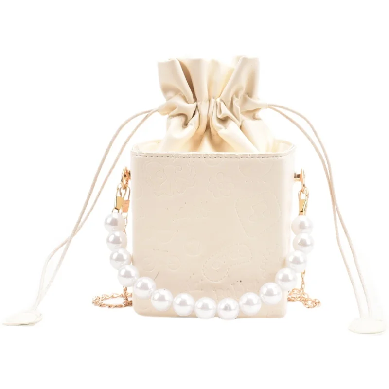 

Solid Color PU Leather Ladies Pearl Chain Bucket Shoulder Bags Square Handbag Small Flap Crossbody Bags for Women Sac Main Femme