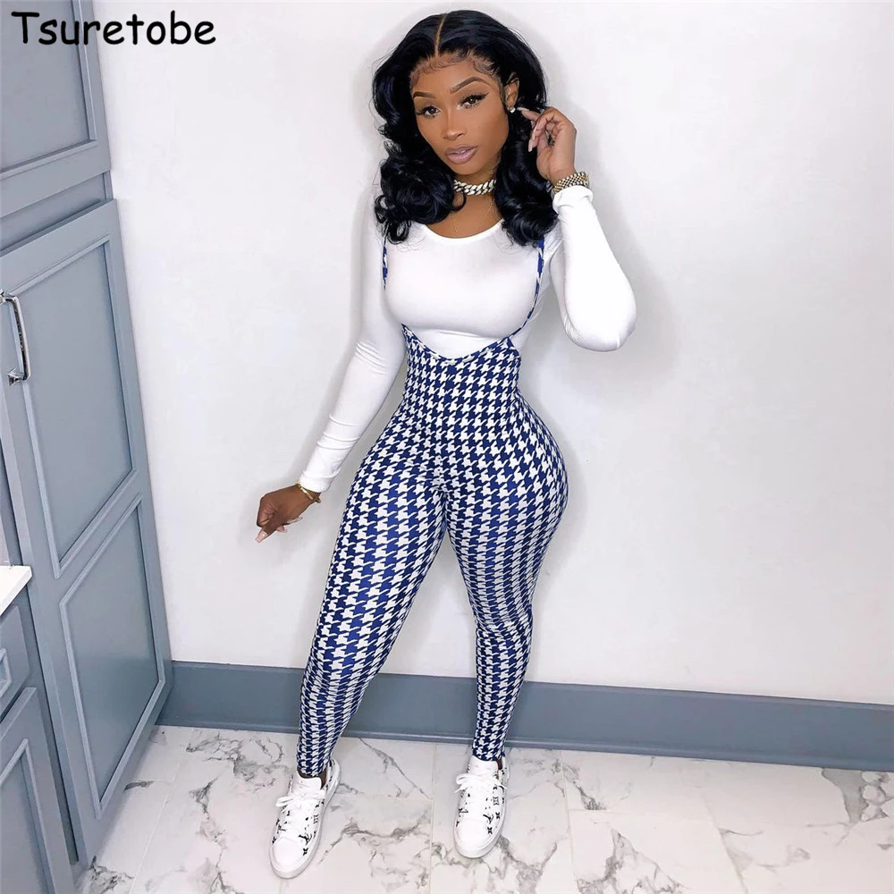 

Tsuretobe Print Two Piece Outfits For Women Print Overalls And Top Set Skinny Club Outfits For Women Sexy Birthday Jumpsuit Fema