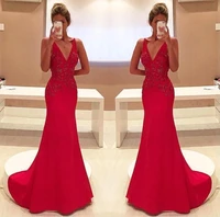 red mermaid evening dresses sexy v neck appliques long party prom gowns celerity formal wear reception dresses 2020 prom dress