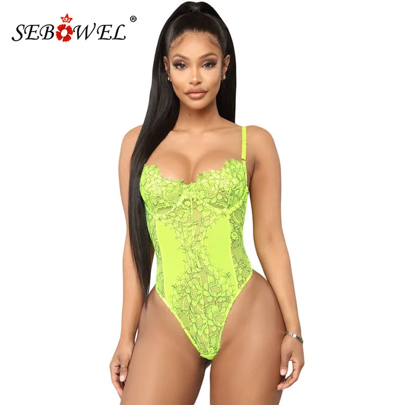 SEBOWEL женское ФЛУОРЕСЦЕНТНОЕ зеленое/Белое цветочное кружевное Открытое боди без