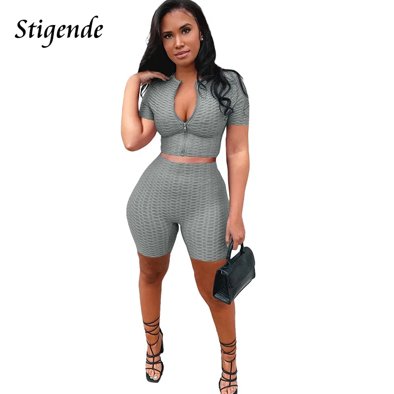 

Stigende Summer Solid Color Tracksuit Short Set Women Skinny Zipper Crop Top and Shorts Casual Bodycon Two Piece Fitness Outfit
