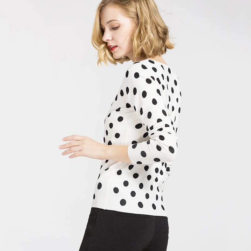 Тонкий Polkdot женский кардиган весна осень вязаный свитер пальто однобортный