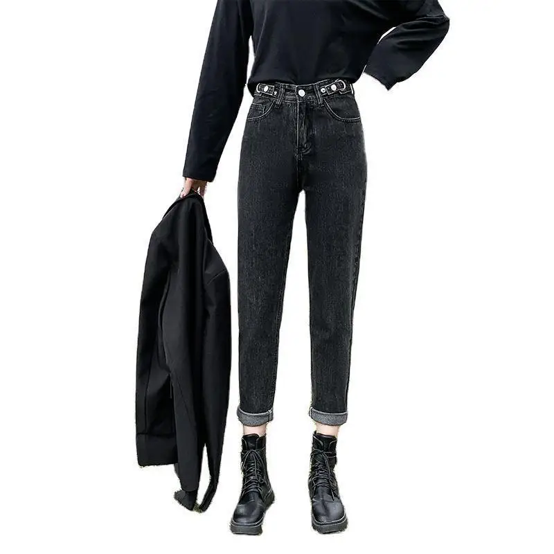 

Autumn and winter new jeans pants women's high waist show thin Harlan father roll leg pants