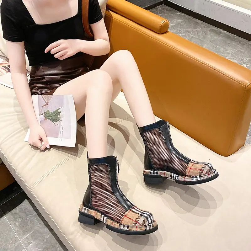 

Summer Breathable Casual Shoes Women Tooling Board Shoes Ladies High-Top Front Zipper Mid-Heel Fashion Hollow Women's Boots