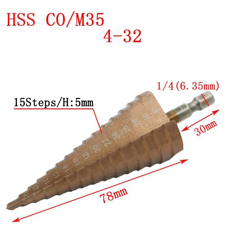 Bronze 4 32mm 1pc OMY HSS-CO M35 шестигранный хвостовик спиральный паз Шаг сверло металлический конус Шаг сверло из нержавеющей стали Отверстие пила отверстие резак - Цвет: Bronze 4 32mm 1pc