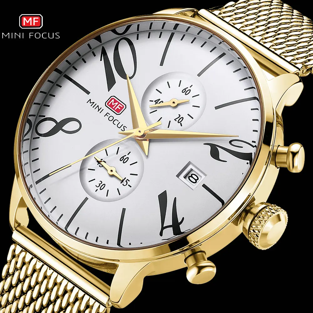 

Часы наручные MINI FOCUS Мужские кварцевые, брендовые Роскошные водонепроницаемые с хронографом, с сетчатым золотым ремешком