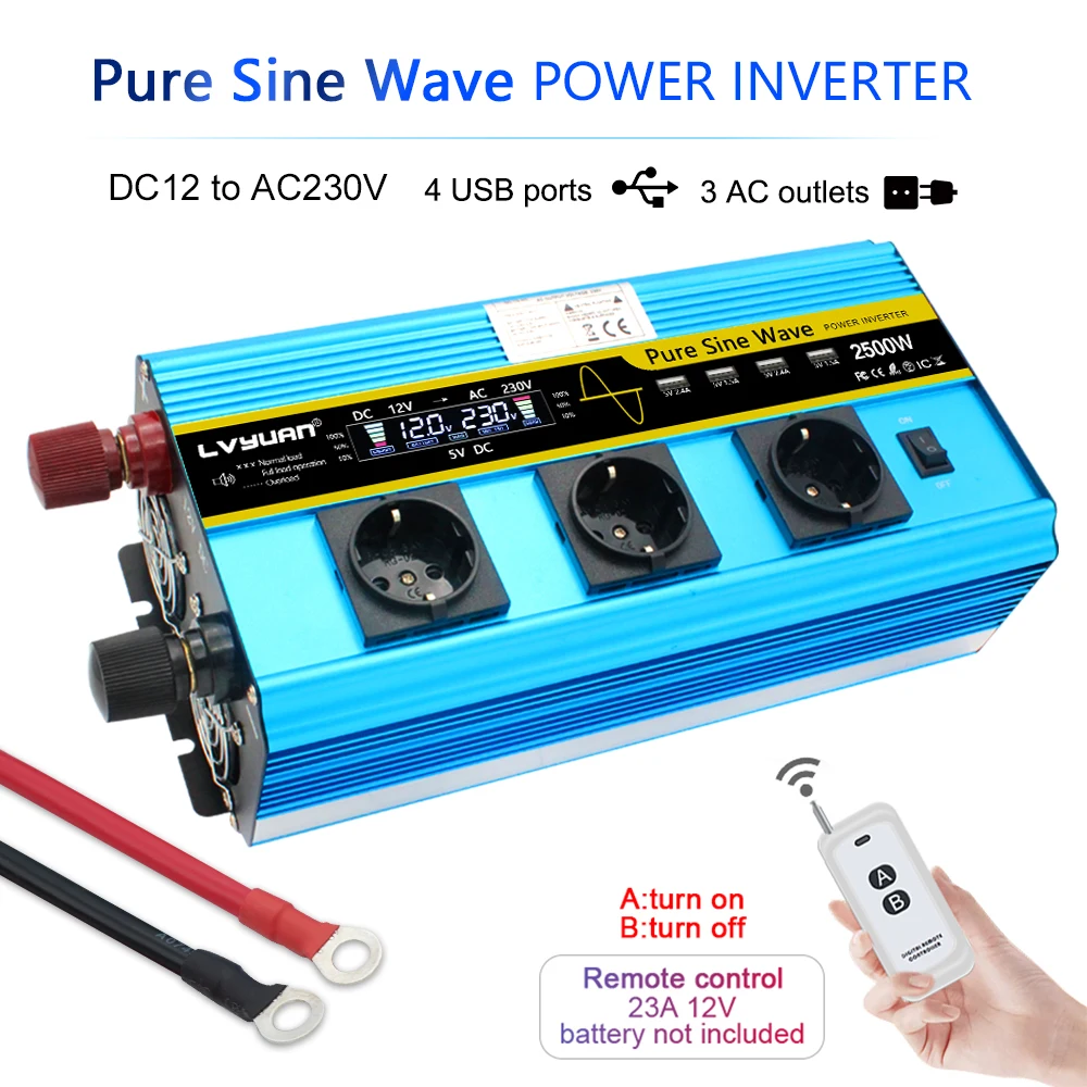 LCD 12000W power inverter DC12V to AC220V pure sine wave Converter Supply Solar Power 4USB  with 3 EU AC wireless remote control