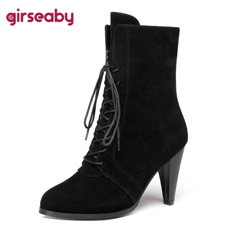 

Girseaby 2021 New Fashion Mid-Calf Woman's Boots Pointed Toe Spike Heels Flock Lace-up Solid Plus Size 34-45 Black Winter S2644