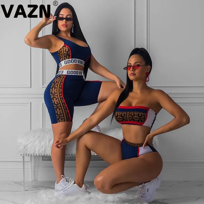 VAZN GCY18159, летний красный, синий, черный укороченный топ для девочек, с принтом, английский стиль, сексуальный комплект года, без рукавов, комплекты из 2 предметов, комплекты для ночного клуба