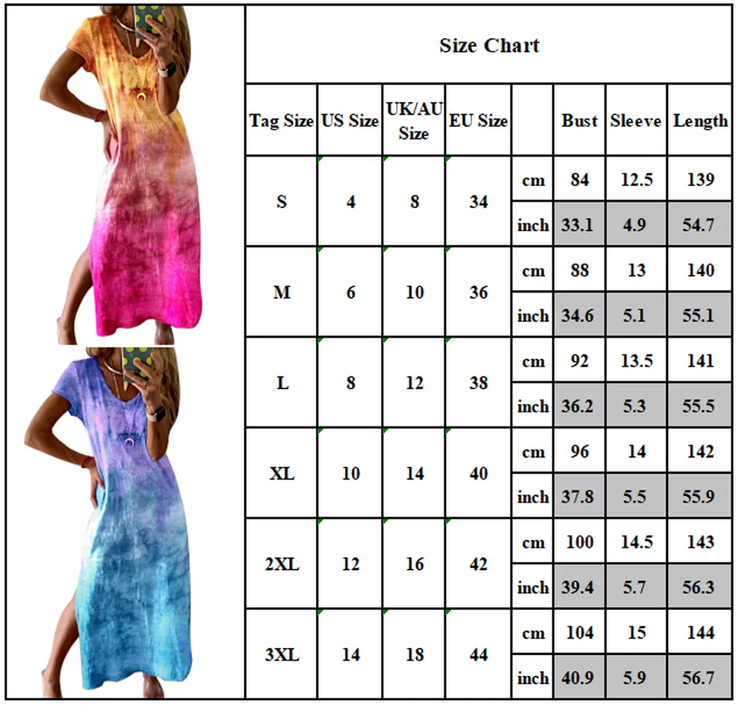 

Women Ladies Tie Dye Short Sleeve Loose V-Neck Casual Summer Maxi Dress