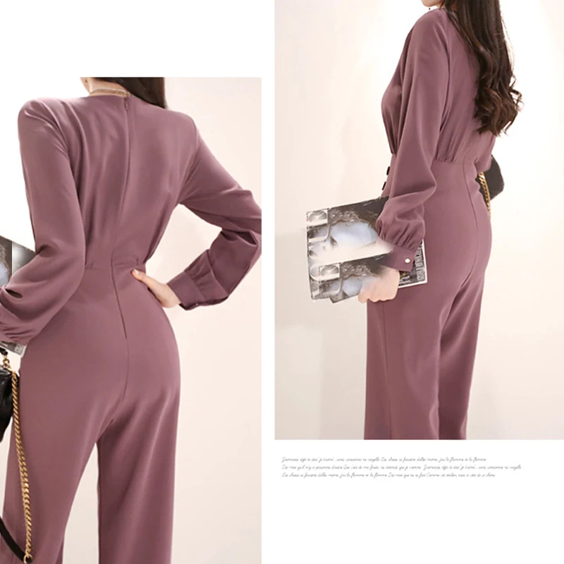 

Elegant V-Neck New Solid Color Long Women Business Jumpsuits Stylish Office Lady Female Wide Leg Pant Playsuit S08406R