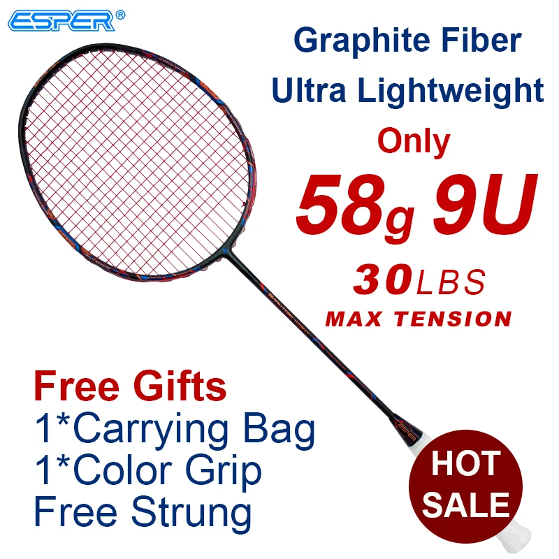 

Esper 58Gram 9U Carbon Fiber Badminton Racket Professional Super Lightest Graphite Racquet With String 30LBS For Adult