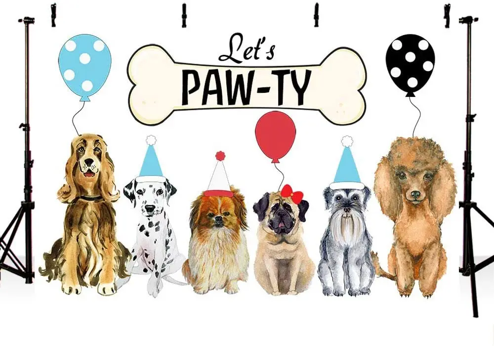 Dog Birthday Party Photo Booth Backdrop Props Let's Paw-ty Doggy Pet Bone Balloons Puppy Birthday Photography Background Banner