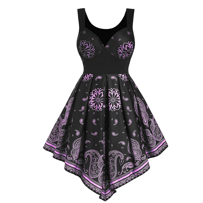 

WEPBEL Vest Women's Casual Printed Slim Fit Pleated Stitching Vest Sexy V-neck Sleeveless Backless High Waist Irregular Dress