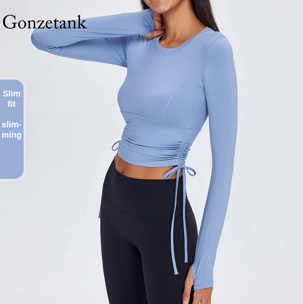 

2021 New Seamless Women Yoga Sports Shirt with Laces on Both Sides of Running T-Shirt Tight Nude Long-sleeved Fitness Top