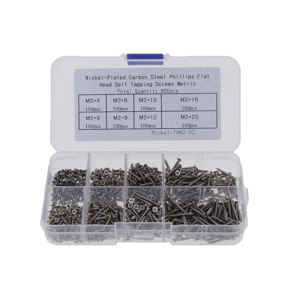 

800pcs M2 Stainless Steel Pan Flat Head Self-Tapping Screws Assortment Kits