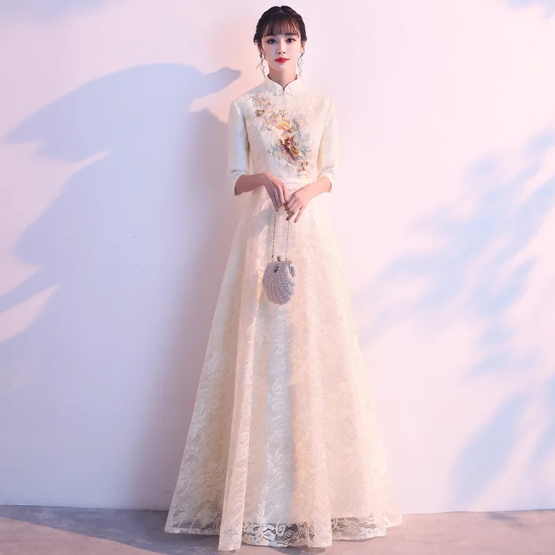 Винтажное Кружевное платье-Ципао в китайском стиле, с воротником-стойкой