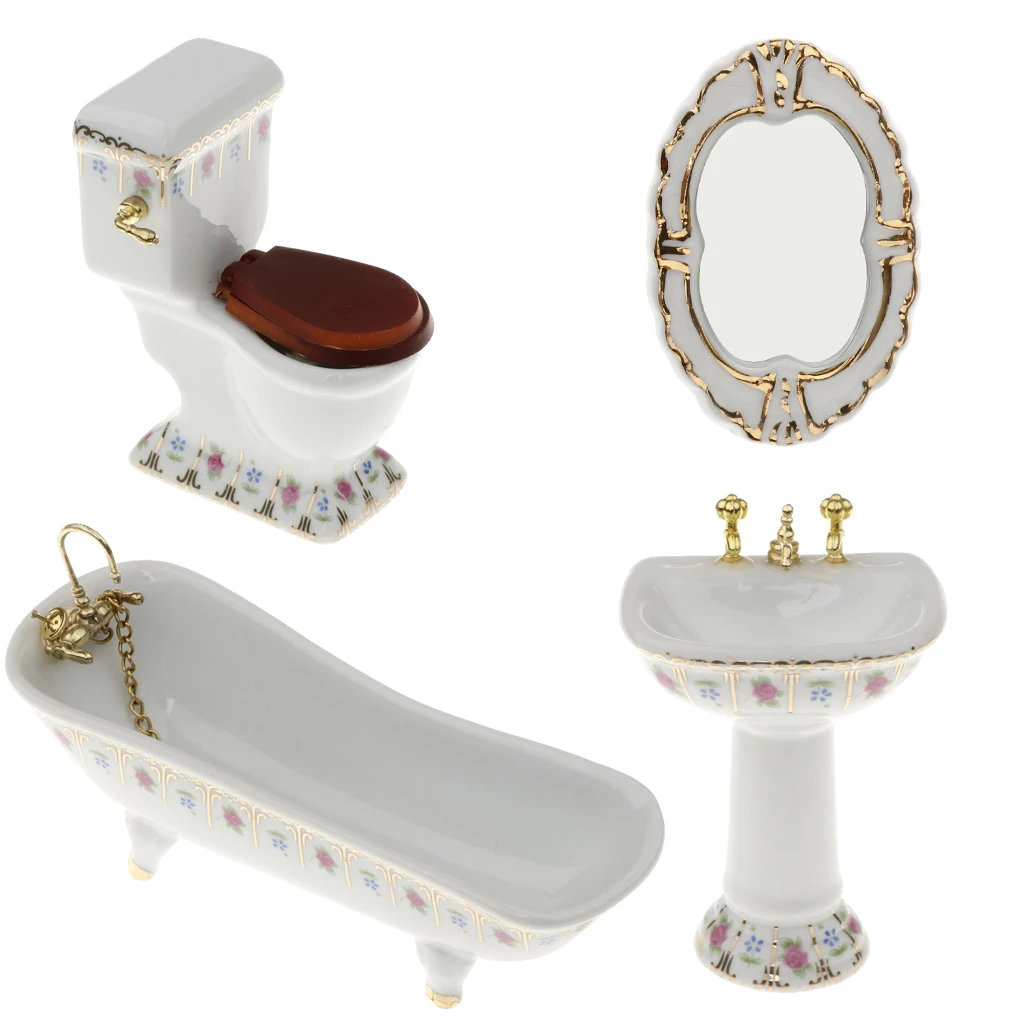 

4 Pieces 1:12 Miniature Dollhouse Bathroom Accessories Set Bathtub Toilet