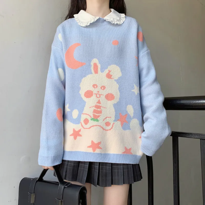 

College Style Cute Rabbit Sweet Sweater Women Long Sleeve Round Neck Pullover Sweater Casual Loose Girl Knitted Sweater