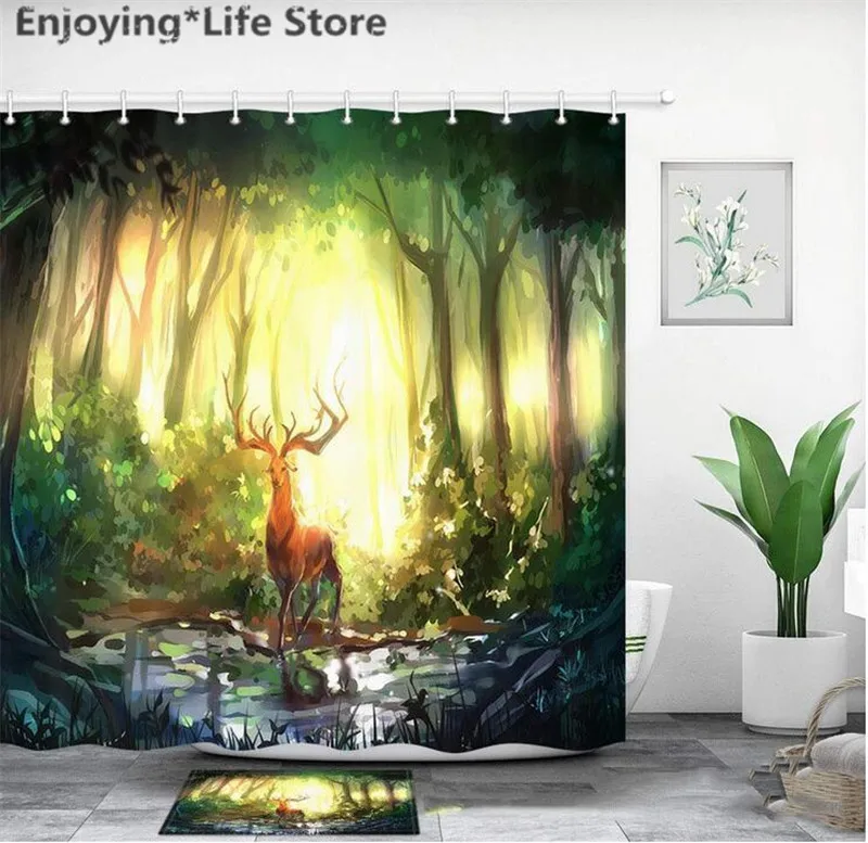 Лес и олень занавеска для душа ковер водонепроницаемая ткань набор коврик ванной