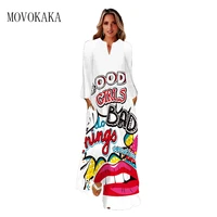 movokaka spring autumn white dress beach holiday casual mouth print long sleeve dresses woman elegant v neck long dresses party