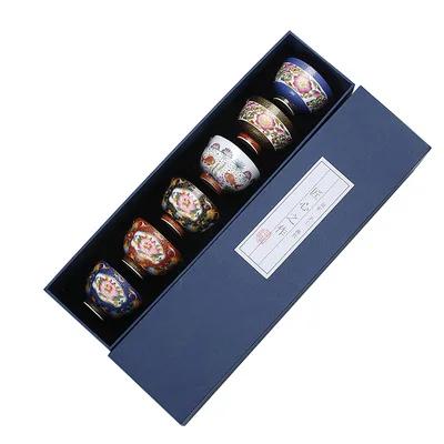 

Enamel Teacup Retro Blue And White Porcelain Cup Antique Palace Tea Bowl 6pcs Kung Fu Jinjunmei Black Tea Cup Gift Box Teaware