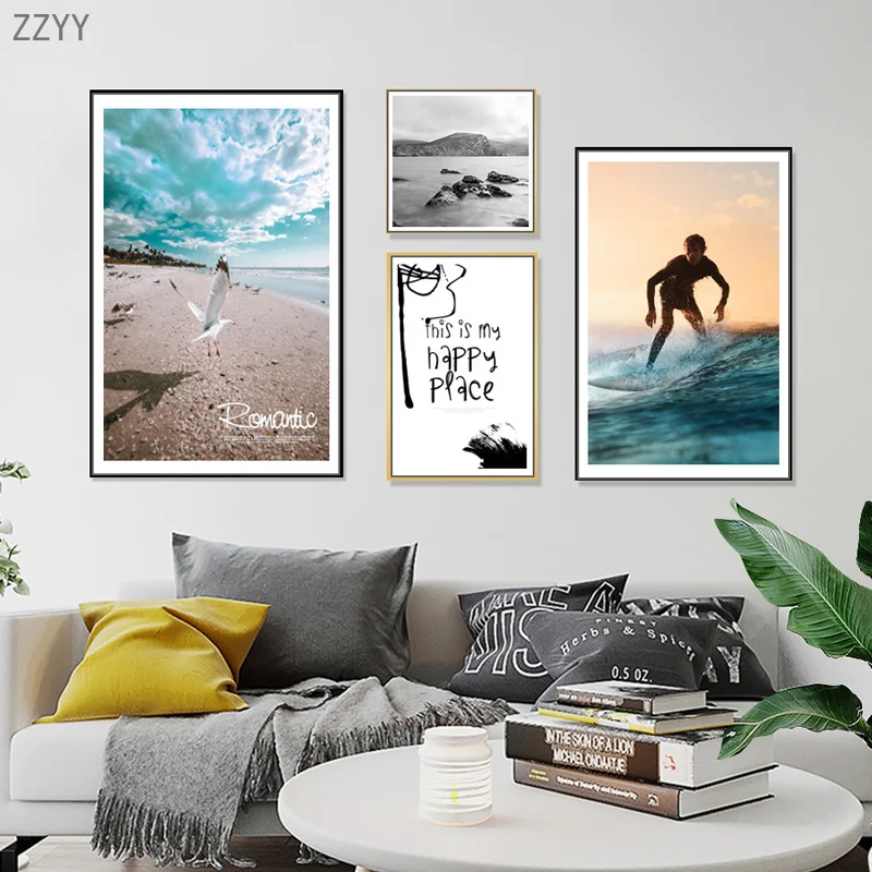 

Photography Picture Surfing Seagull Sea Landscape Canvas Painting Happy Place Sea View Poster and Print for Room Home Decor