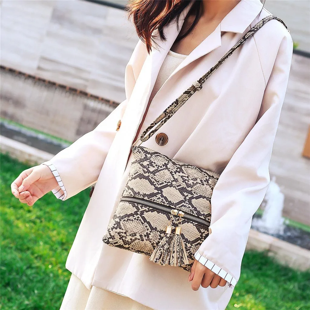 Fashion Women Tassel Snake Printing Zipper Messenger Bag Handbag Shoulder Bag Elegant Small Square Bags#YJ