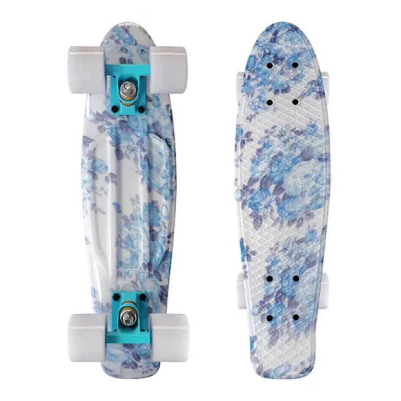 22 Inch Penny Board Plastic Long Board Mini Skateboard Blue Floral Adults Children Fish Board Portable 4 Wheel Scooter Toy