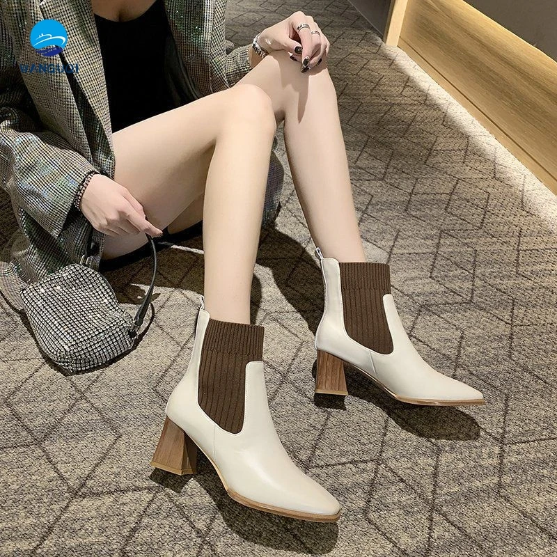 

2021 autumn and winter new fashion boots women's wild knit mid-tube boots fashion square toe thick high-heeled Chelsea boots