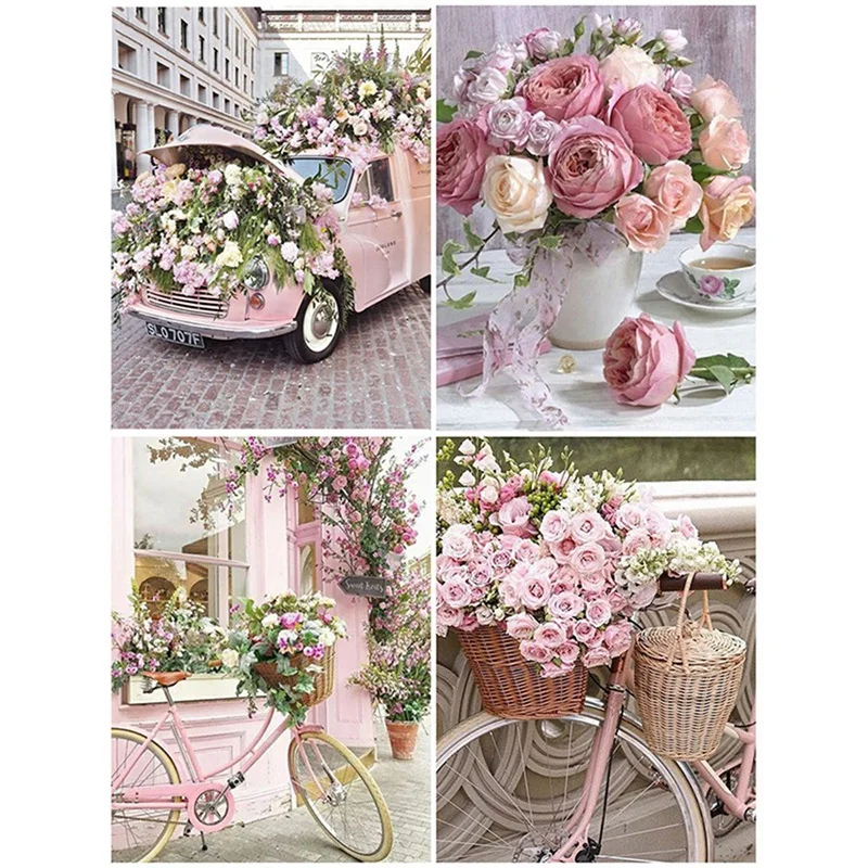 

4 PCS Romantic Flower DIY Diamond Painting Spring Bicycle Decor Cross Stitch Full Round Drill Resin Art Gift Home Decor 2021