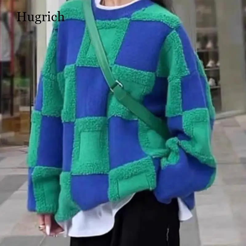 

Женский пуловер с шахматным узором в стиле ретро, Свободный Повседневный вязаный уличный свитер в стиле Харадзюку с длинным рукавом и кругл...