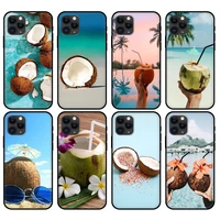 black tpu case for iphone 5 5s se 2020 6 6s 7 8 plus x 10 xr xs 11 pro max silicon cover case coconut on the beach