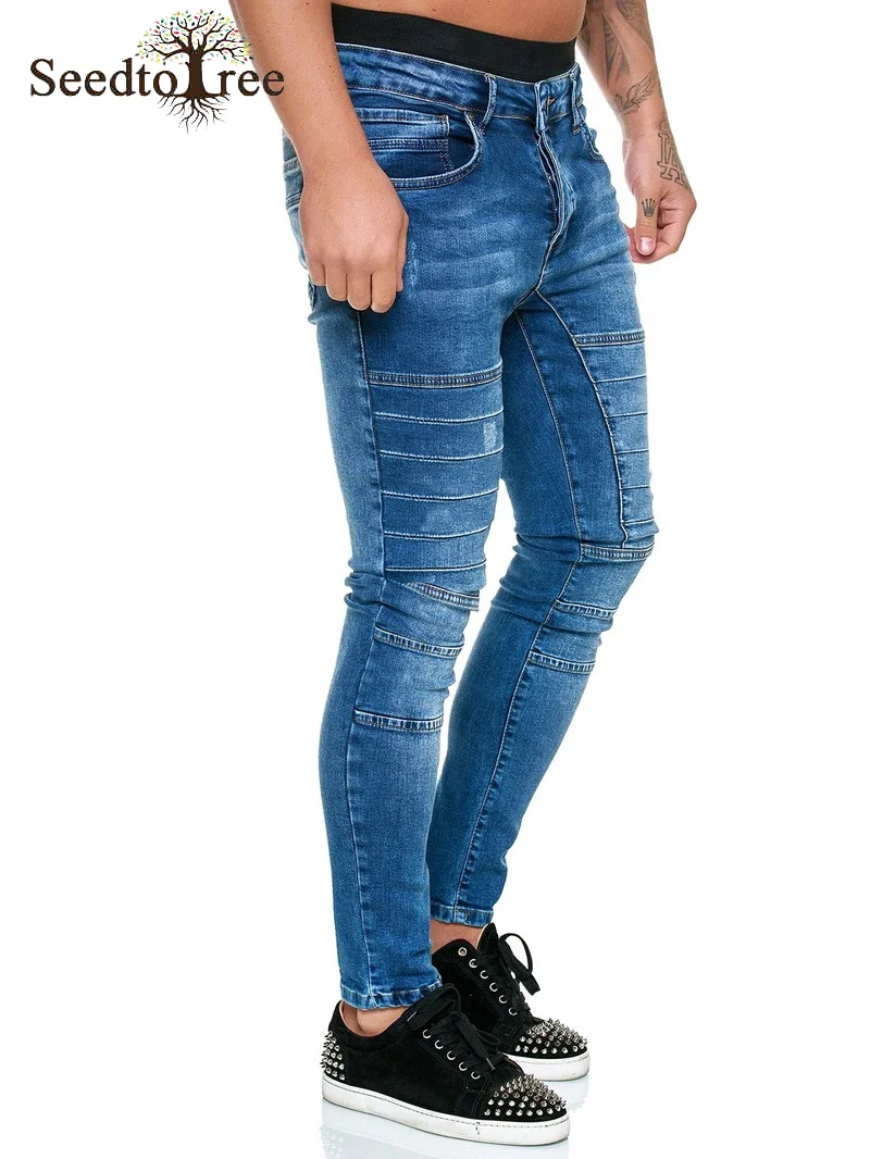 Pleated Solid Color Casual Men's Jeans Small Feet Slim Denim Trousers