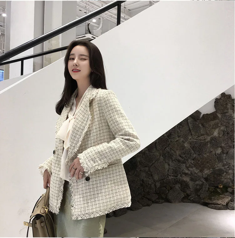 New Style Elegant Tassled Plaid Black Small Suit Jacket Women's Short Graceful Coat | Женская одежда