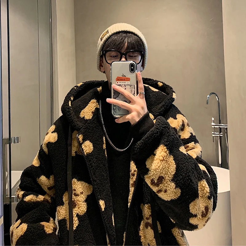 Bear Cotton-Padded Coat Men's Winter Thickened All-Matching Lamb Wool Coat Korean Fashion Couple Hooded Plush Cotton-Padded