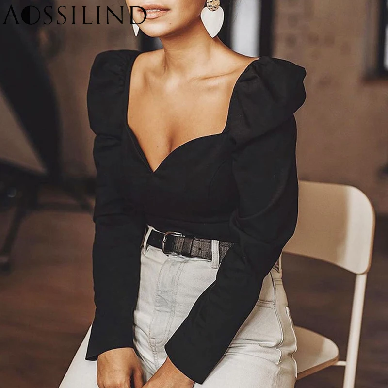 AOSSILIND пикантные черные однотонные топы с длинными рукавами-фонариками и