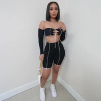 2021 strapless lace up bandage hollow out crop top and shorts set two piece set sexy skinny matching set party clubwear hot