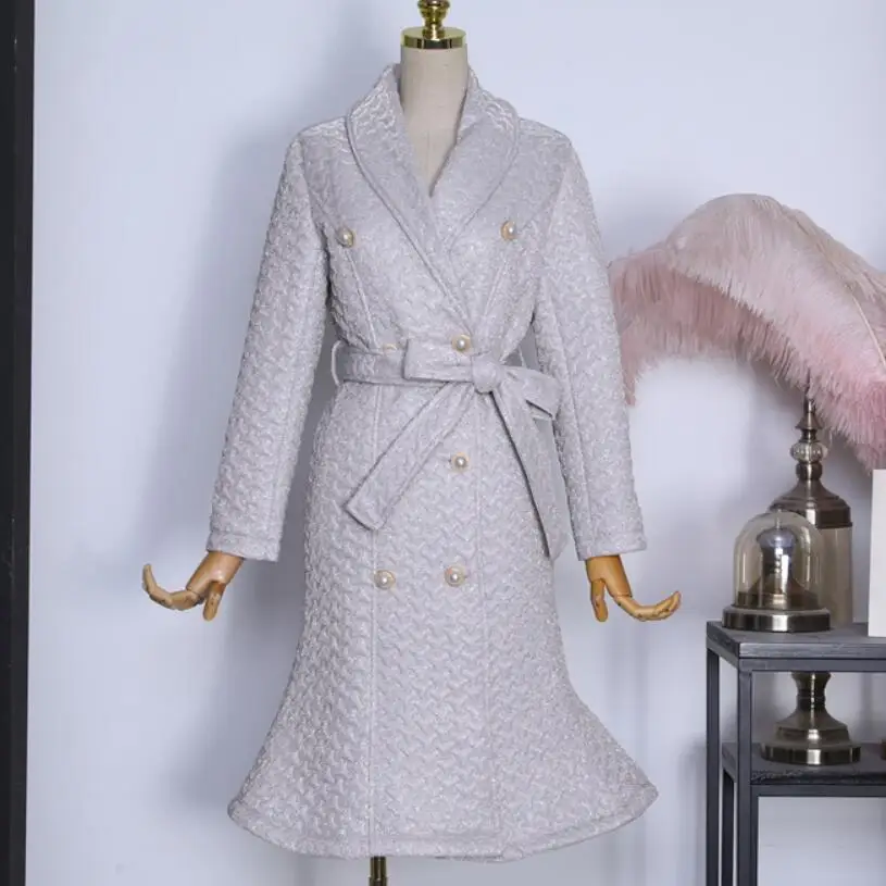 

2021 autumn winter lapel long-sleeved cotton-padded jacket women sequins shiny slim double breasted mermaid belted long coat