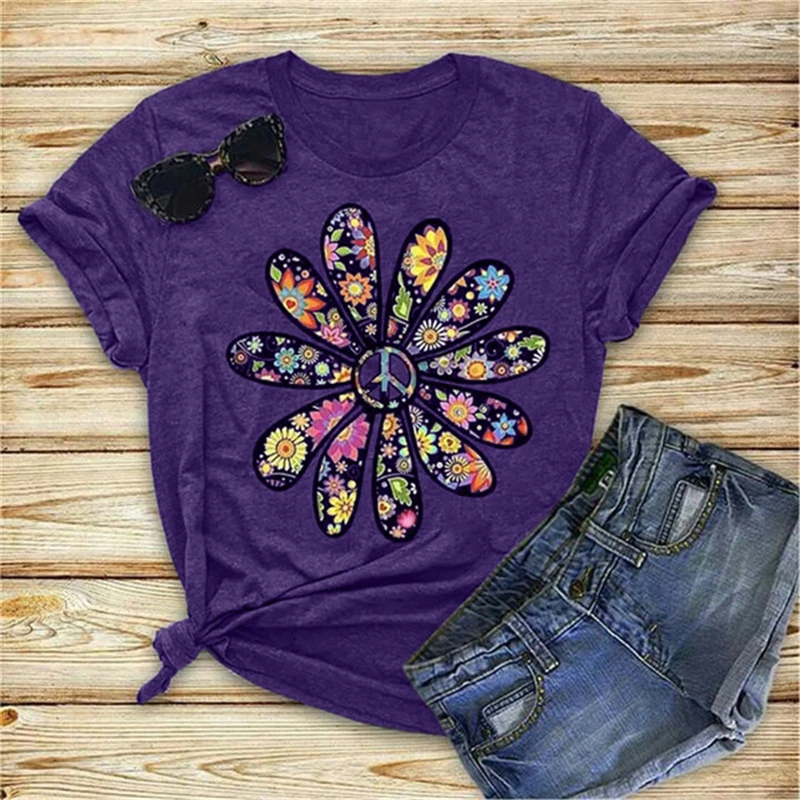

2021 Women Flower Print Graphic Tee Kawaii Top Female Clothes Casual Y2k Vintage Aesthetic Streetwear Peace Sign Floral Shirt