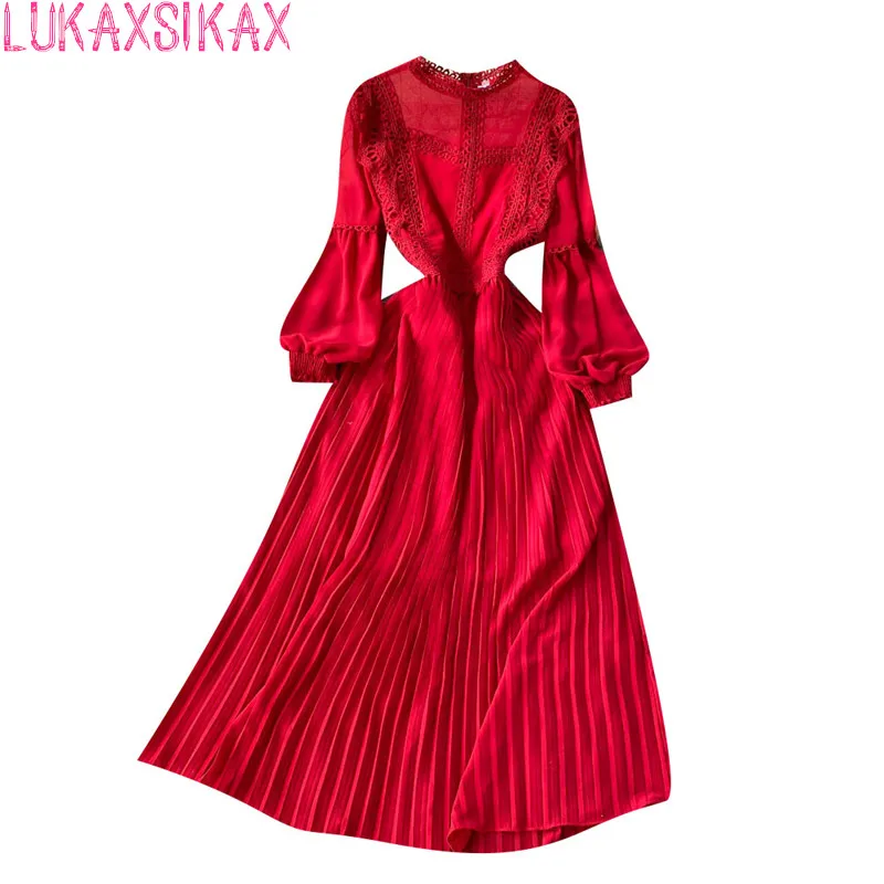 LUKAXSIKAX 2022 New Spring Autumn Women Stand Collar Long Sleeve Dress High Quality Lace Patchwork Pleated Long Dress