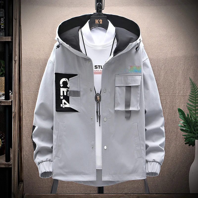 New Casual Hooded Men's Jacket Covered Button Letter Printed Korean Spring Autumn Coats Streetwear Short Windbreaker Bomber Top