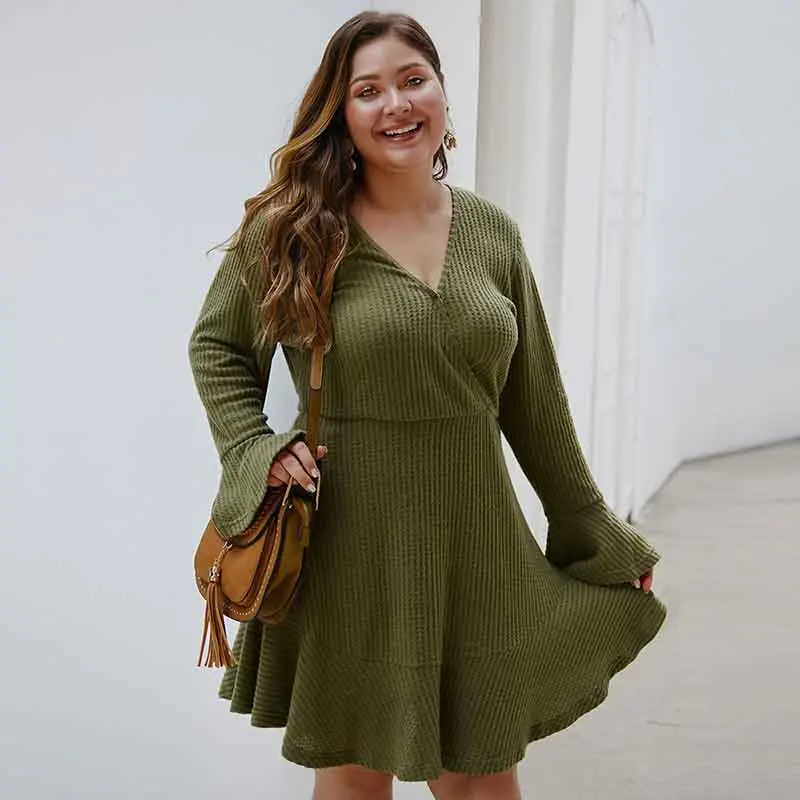 Мода Большой размер 2019 Осень Зима Женское однотонное платье с длинным рукавом