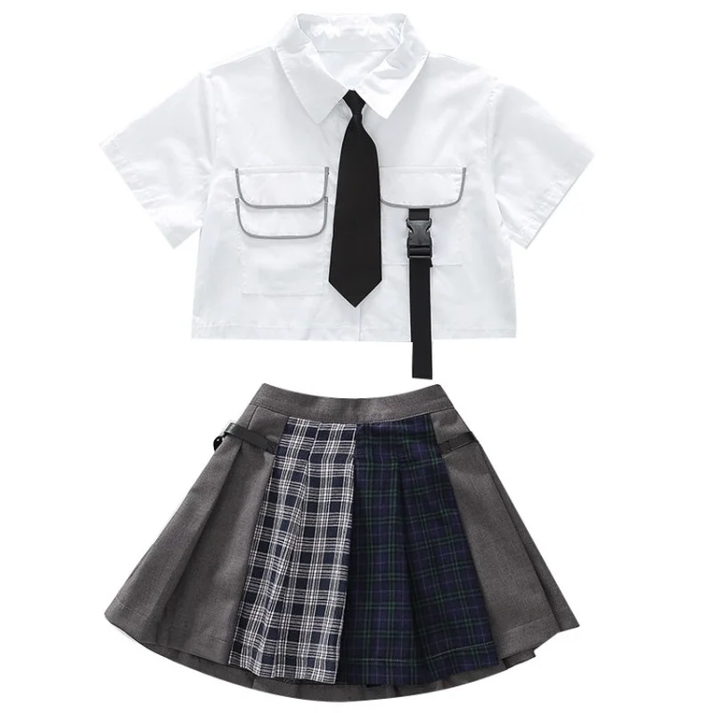 

Комплект одежды для девочек в стиле колледжа, рубашка с коротким рукавом + галстук + мини клетчатая юбка JK, костюм для подростков, модная детс...