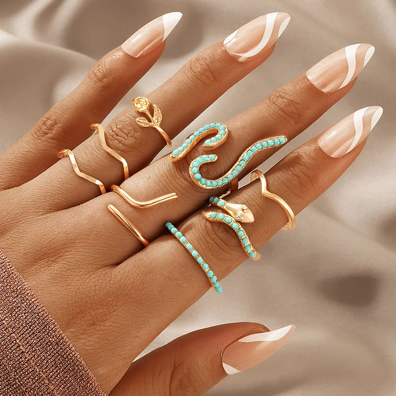 

GREEN Jewelry Vintage Punk Midi Rings Set 8 PCS Grunge Gothic Boho Female Snake Ring Women Fashion Trendy Free Shipping