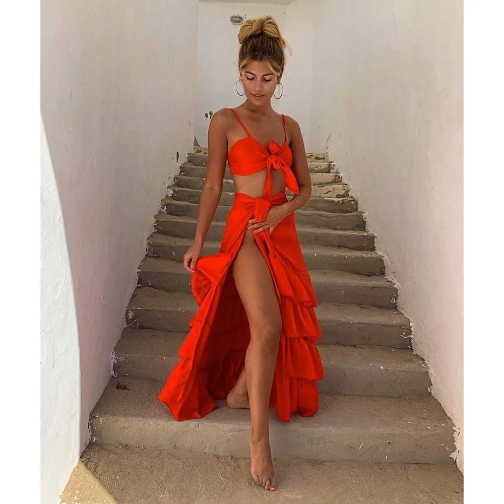 

2021Bikini Beach Cover Up Two Piece Dress Swimsuit Split Beach Skirt Swimwear Women Bandage Solid Beachwear Summer