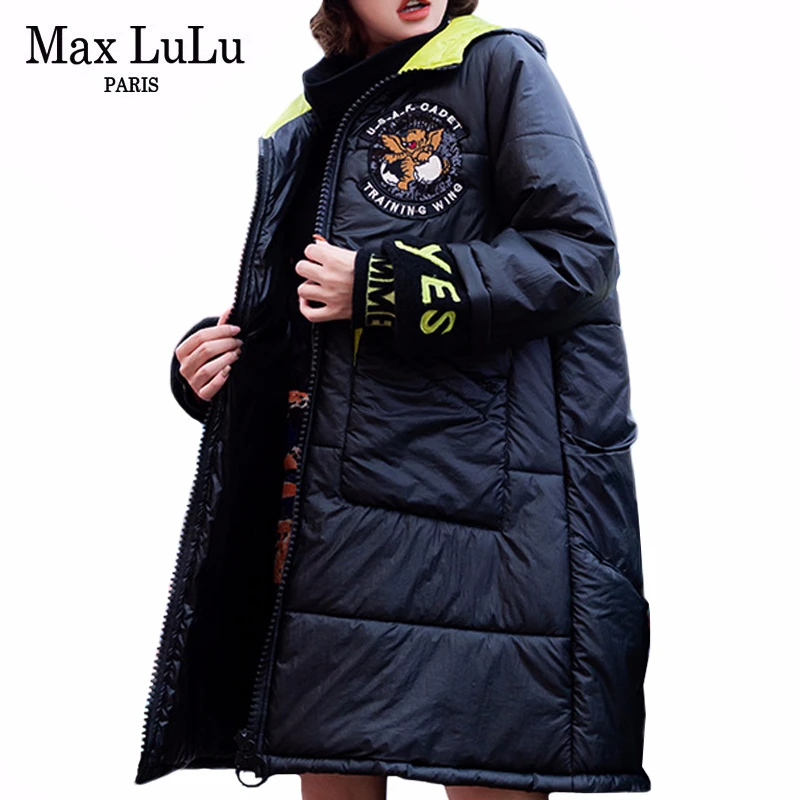Max LuLu, зимняя женская одежда, корейские модные куртки, женские пальто с капюшоном и набивным рисунком, повседневные плотные теплые длинные парки
